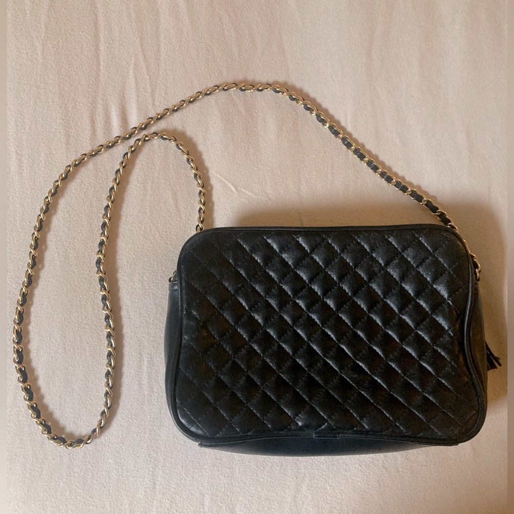 Black Quilted Crossbody Bag with Gold Braided Chain